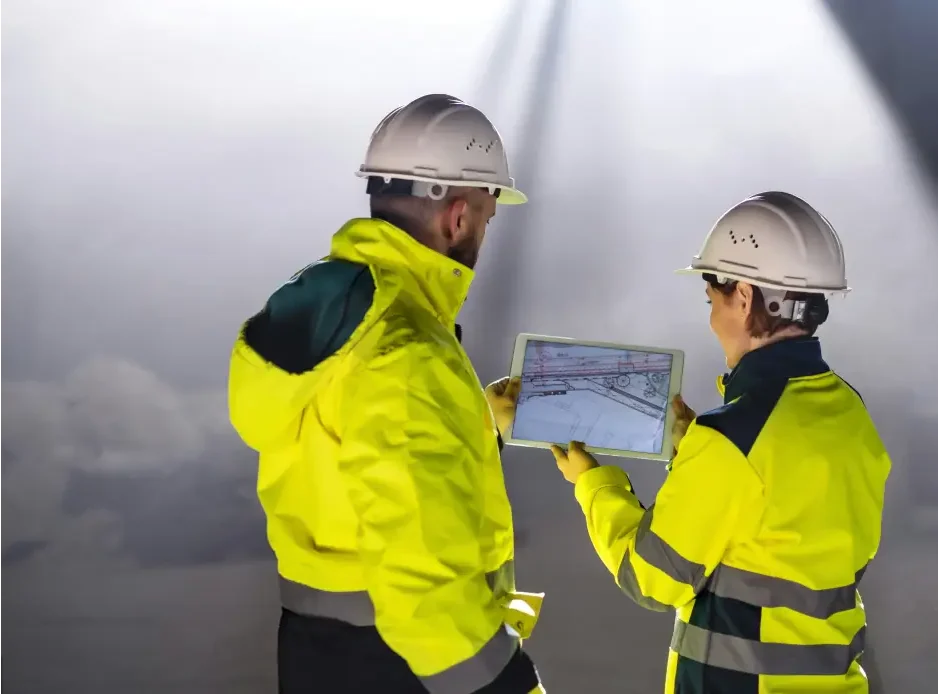 A man and a woman wearing high vis jackets and hard hats are looking at computer tablet